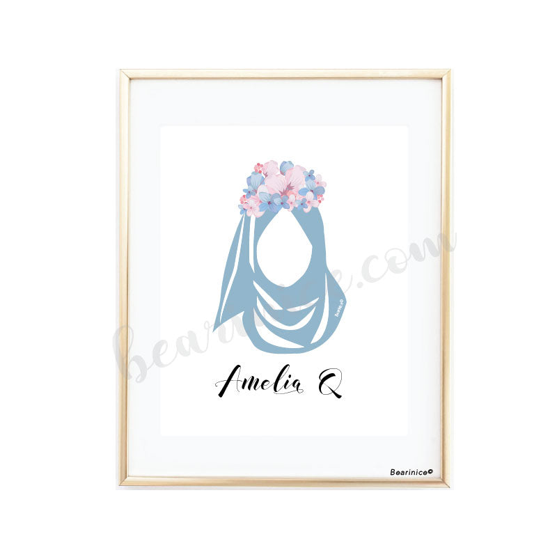 Wall art - Hijabi Lady Print - Personalised - Dusky Blue